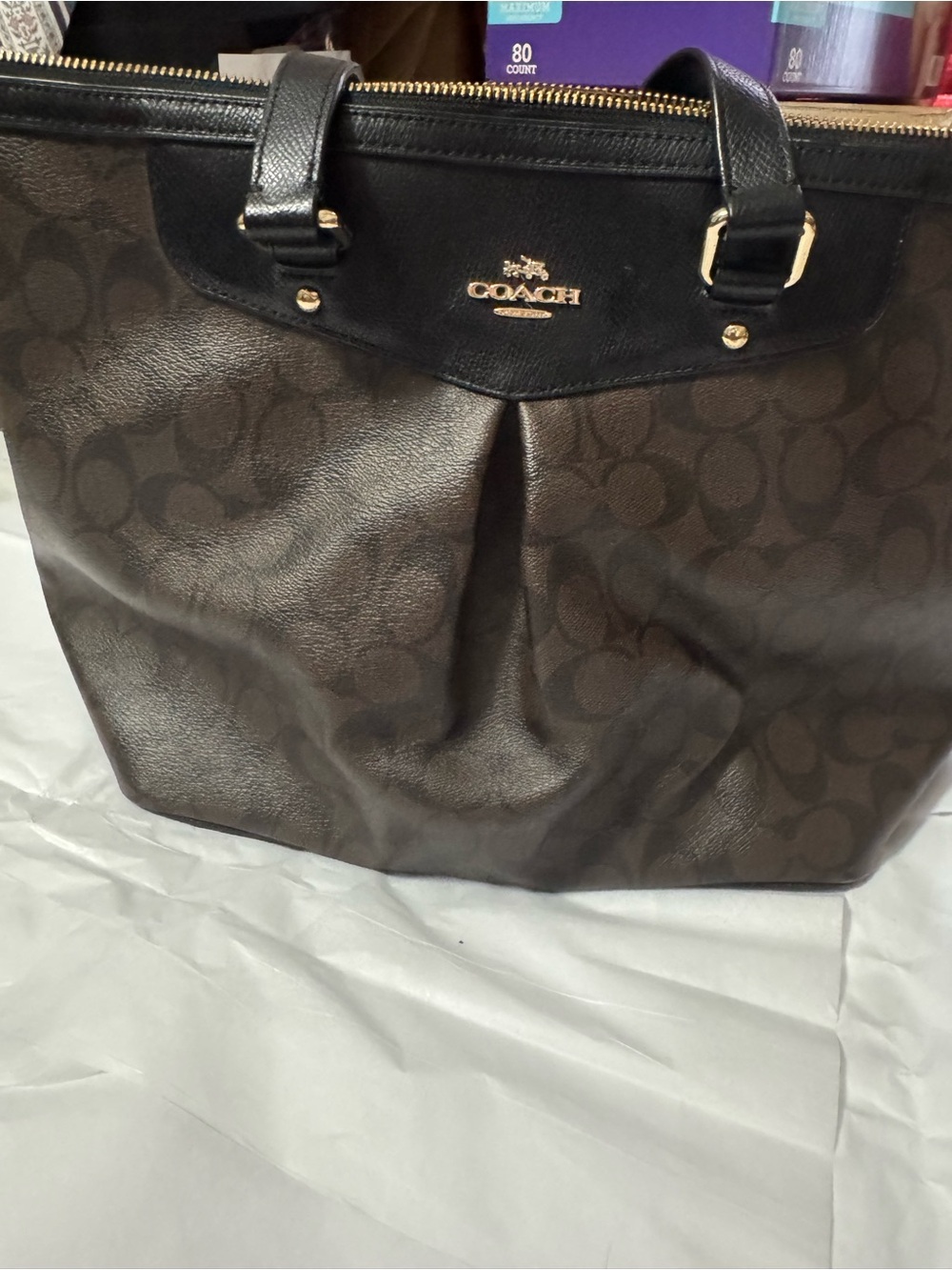 Coach Black and Brown Signature Tote with Gold Accent